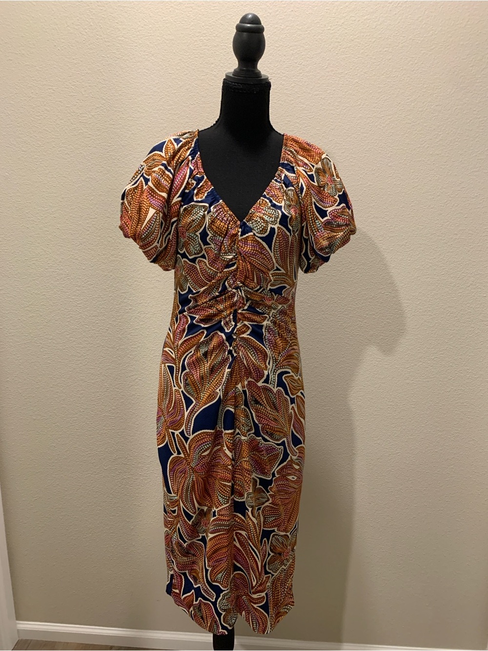 Maggy London Navy and Rust Floral Midi Dress (Size 6)